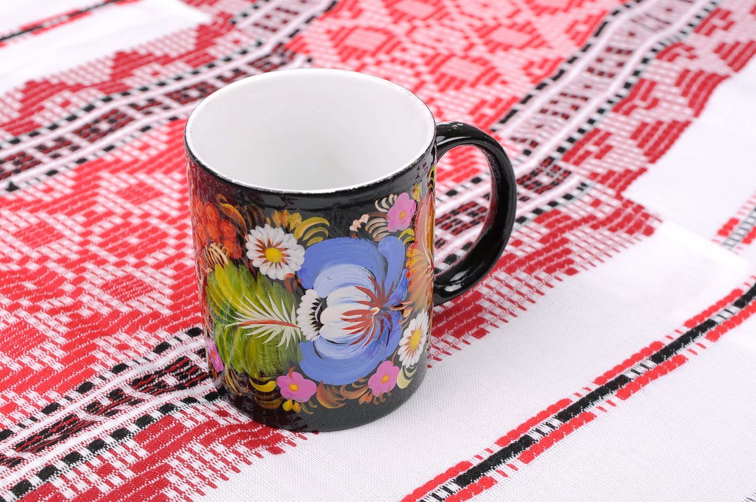 Art clay coffee mug in black and white color with Russian style floral bright pattern photo 4