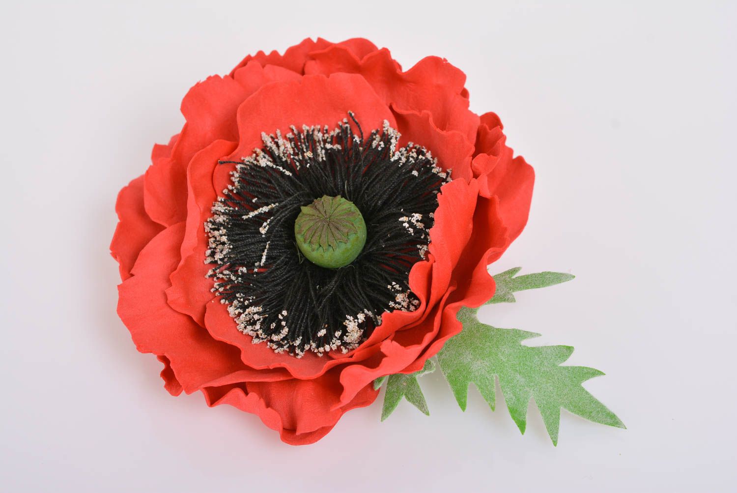 Handmade designer hair clip brooch with large bright red foamiran poppy flower photo 1