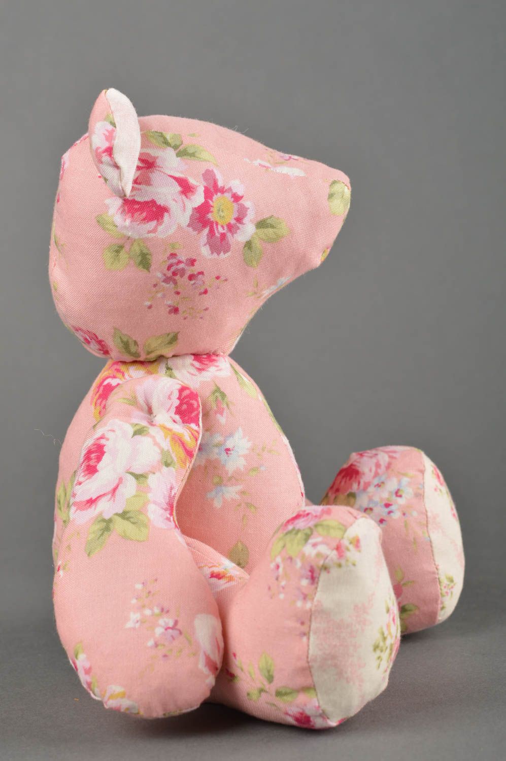 Jouet fait main Peluche ourson en tissu de coton rose motif floral Cadeau enfant photo 3