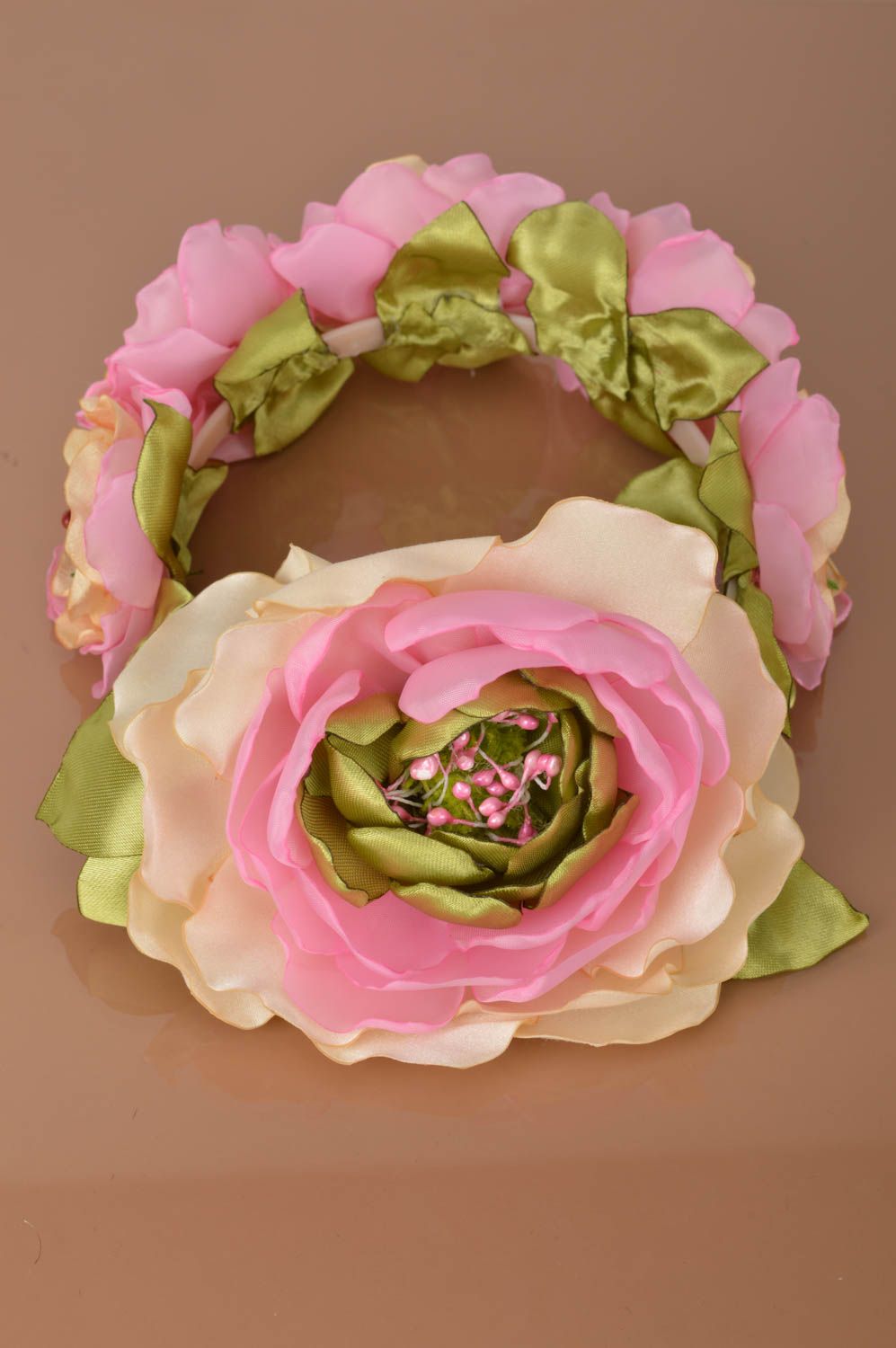 Set of handmade pink floral accessories 2 items headband and brooch photo 4
