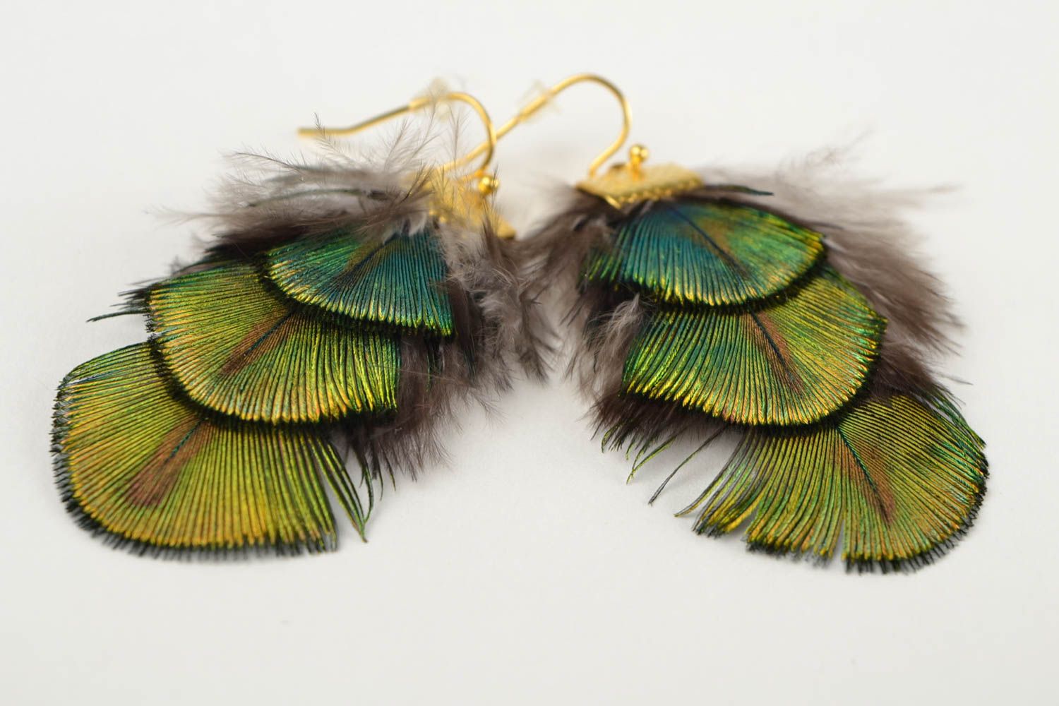 Boucles d'oreilles plumes de paon Bijou fait main vertes longues Cadeau femme photo 4