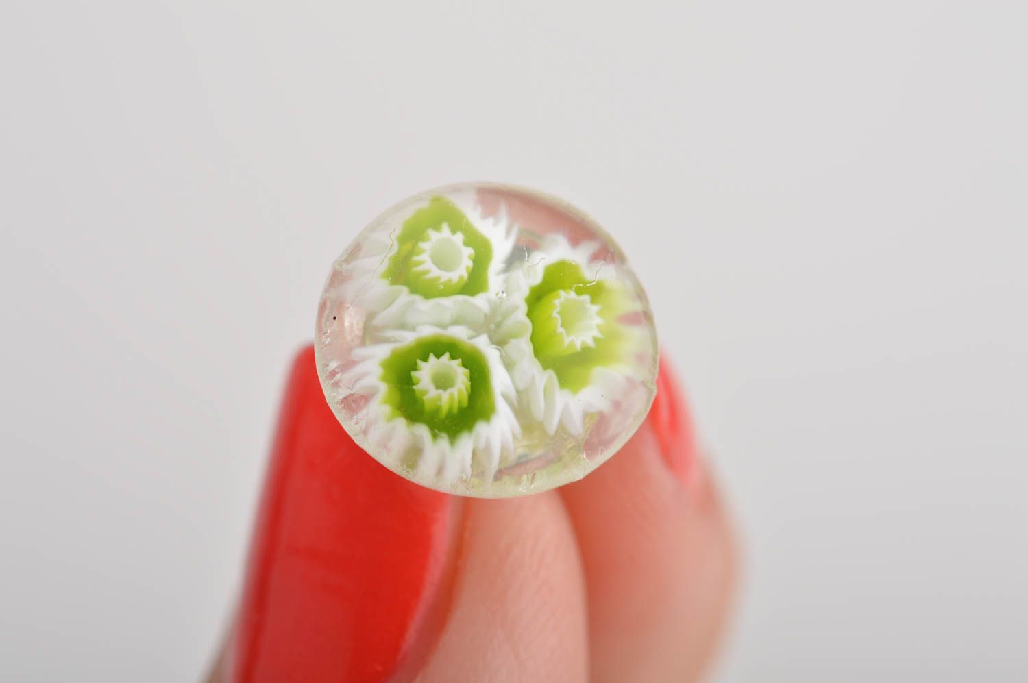 Small handmade designer millefiori glass round stud earrings Green Flowers photo 3