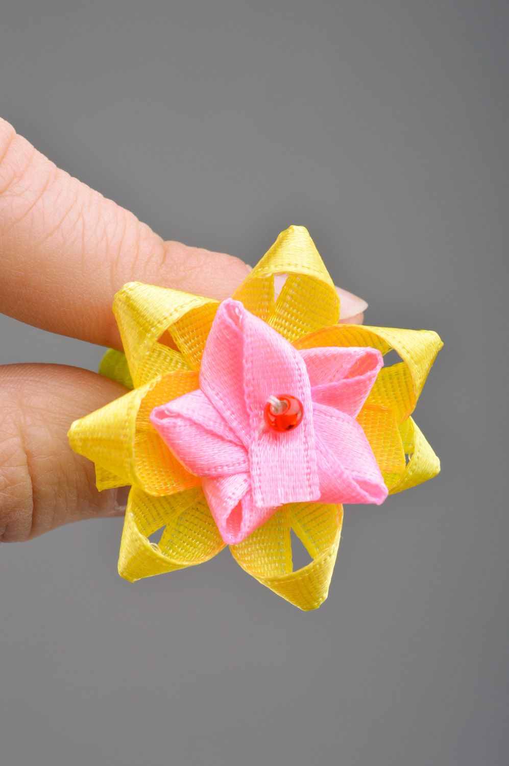 Handmade hair tie with flower in yellow and pink colors for little girls photo 3