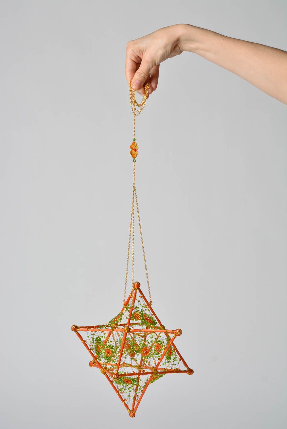 Handmade Deko Interieur Anhänger Amulett in Orange Stern Merkaba aus Draht foto 2