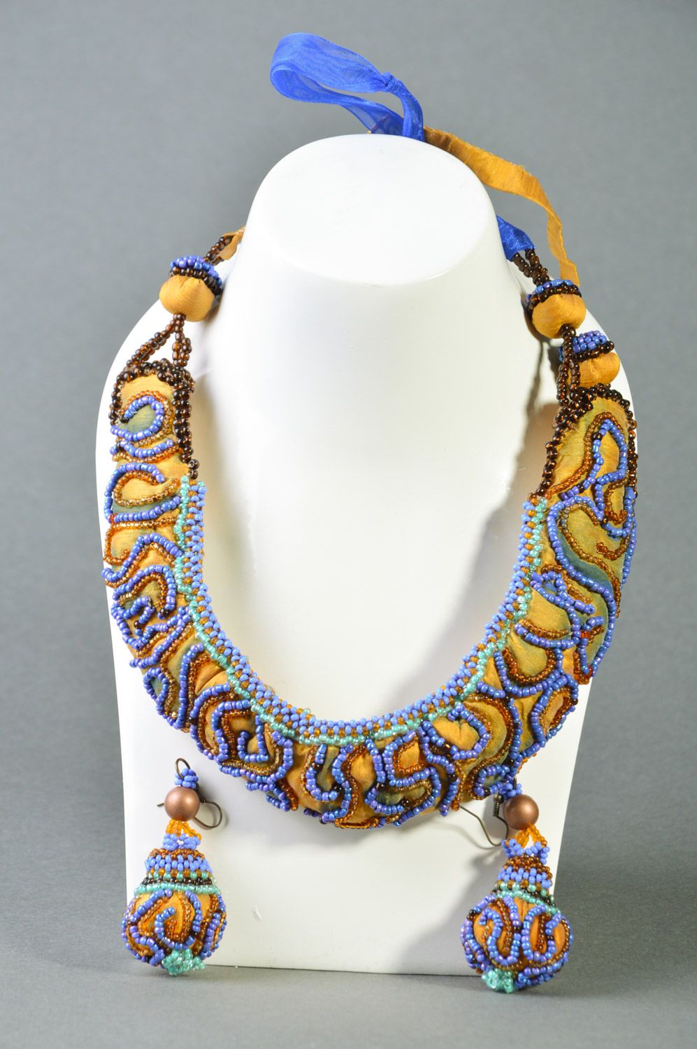 Beautiful handmade women's jewelry set 2 items earrings and necklace woven of beads and fabric photo 3