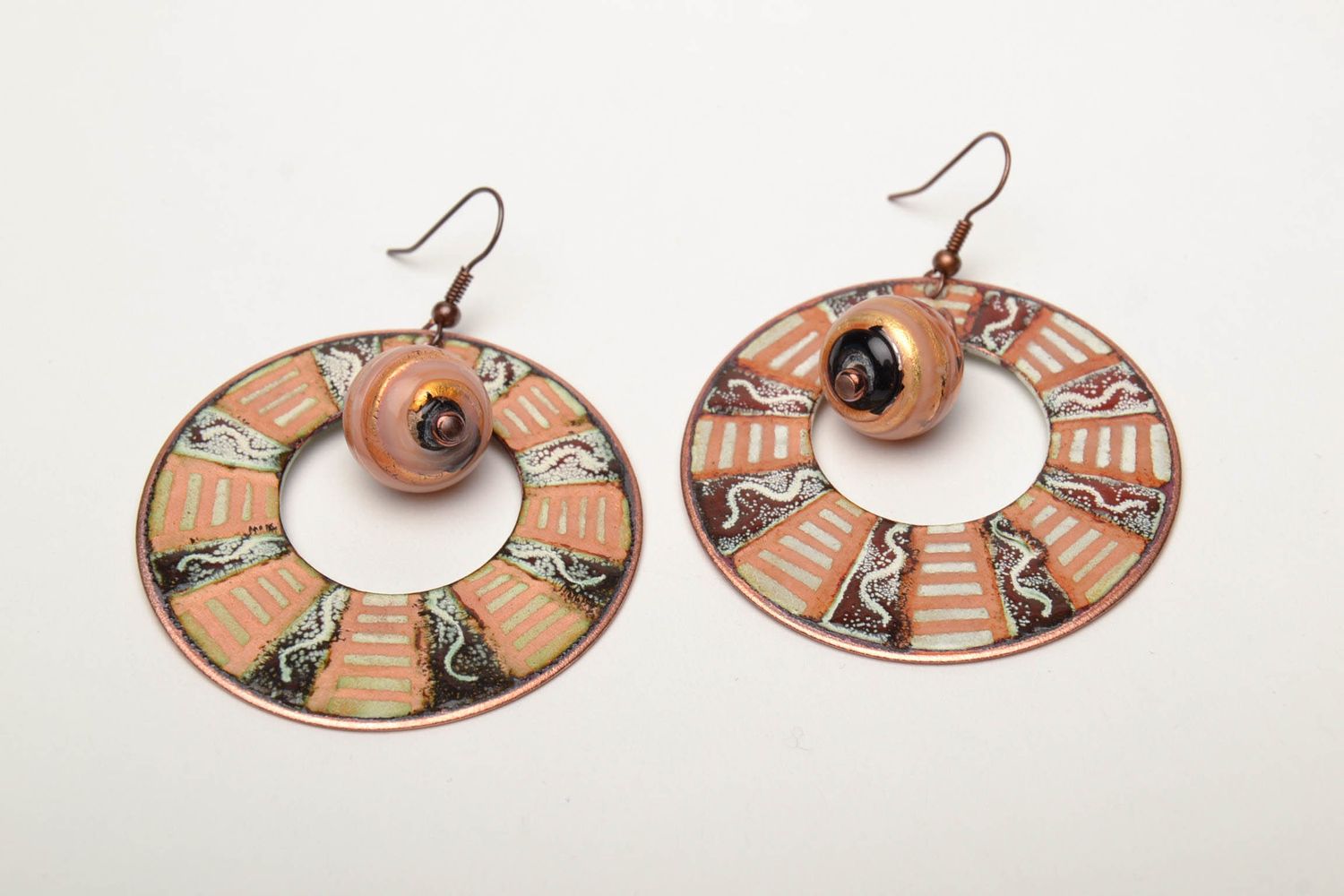 Round copper earrings with beads photo 3