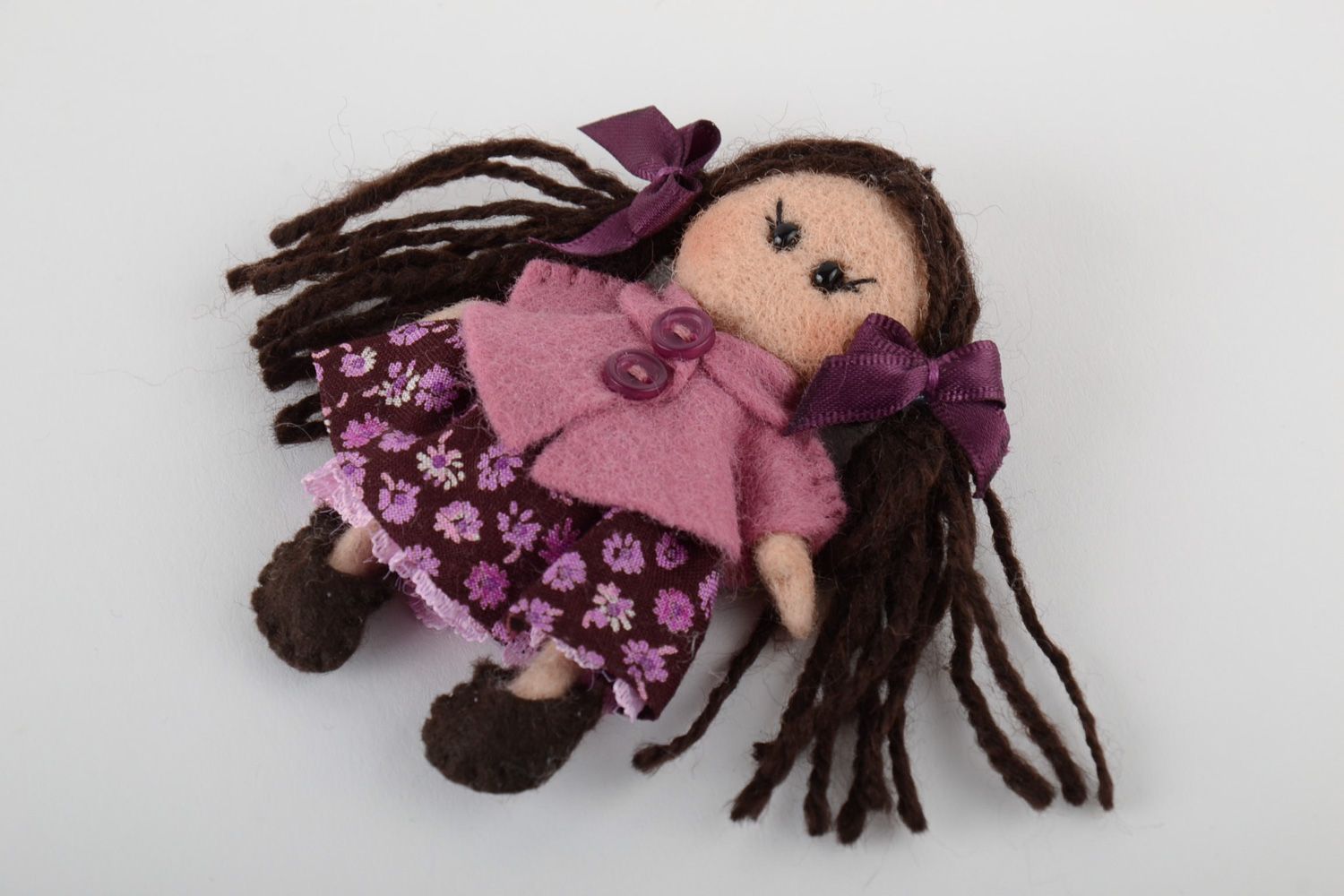 Handmade decorative fridge magnet made of wool and felt in the shape of doll photo 2