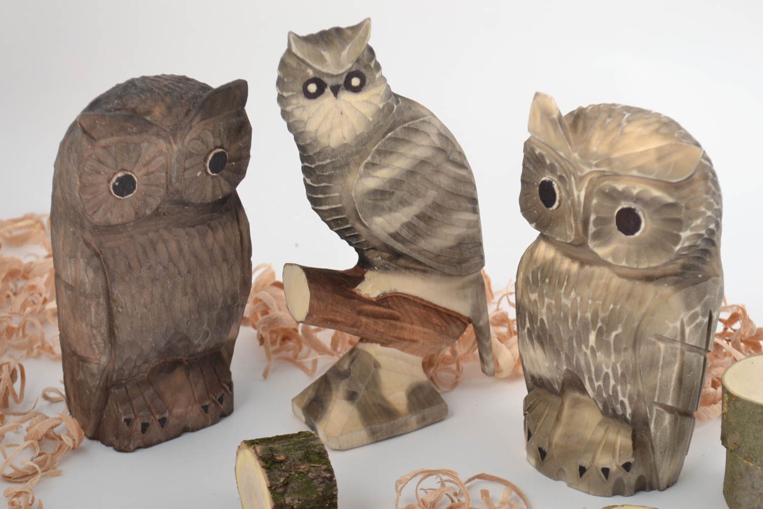 Set of owl figurines carved of wood 3 pieces handmade home interior decor photo 1