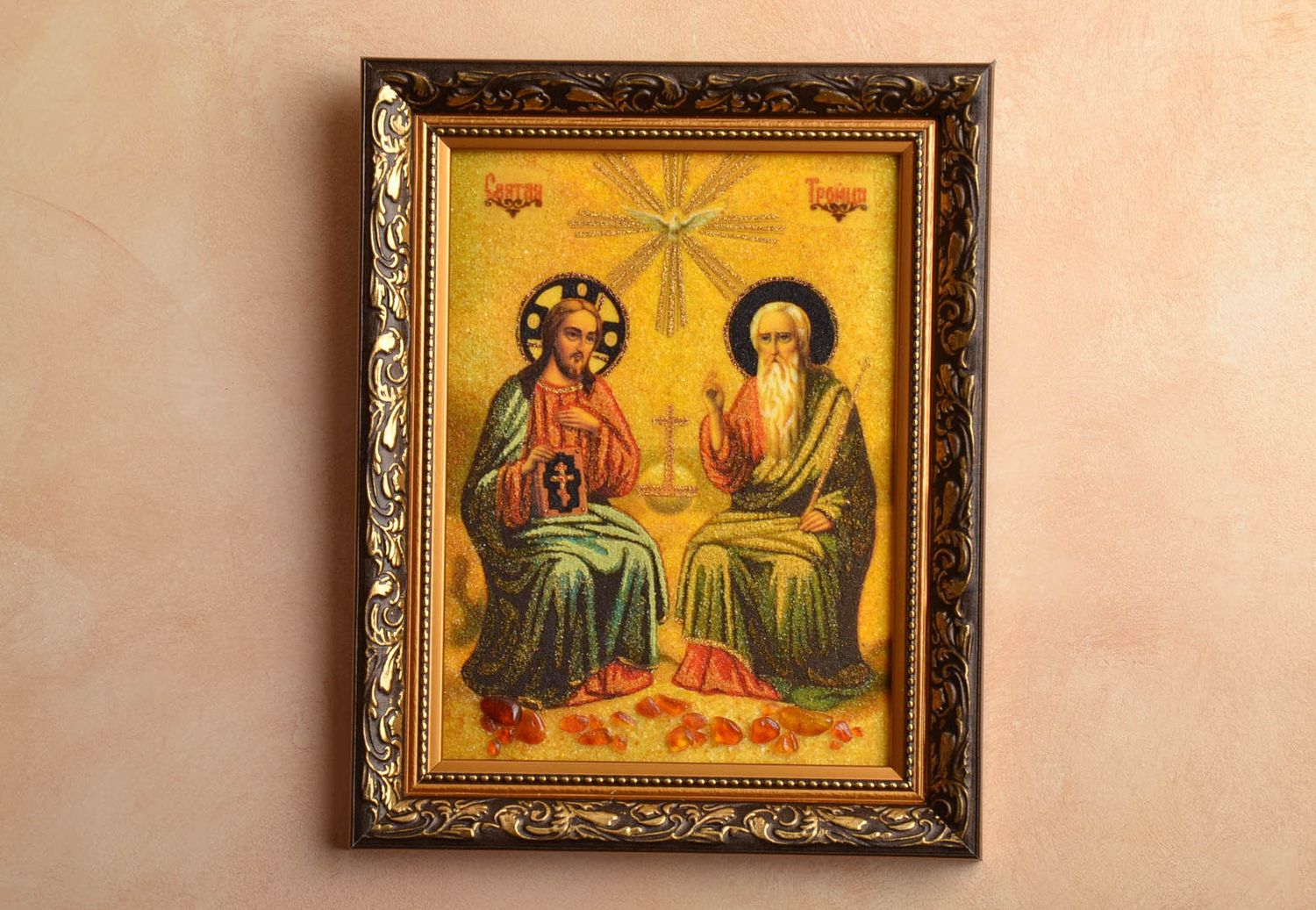 Icona con ambra fatta a mano riproduzione immagine ortodossa decoro casa
 foto 2