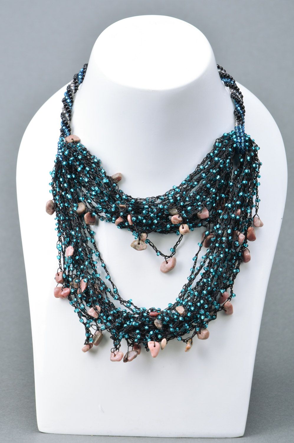 Handmade airy volume necklace woven of Czech beads and corals in dark colors photo 1