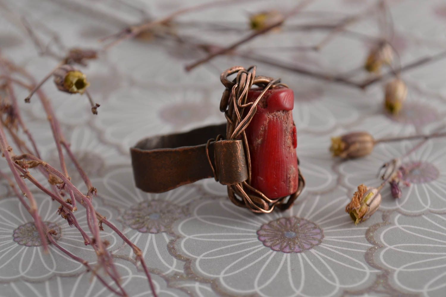 Beautiful ring handmade jewelry wire wrap coral ring women designer gift photo 1