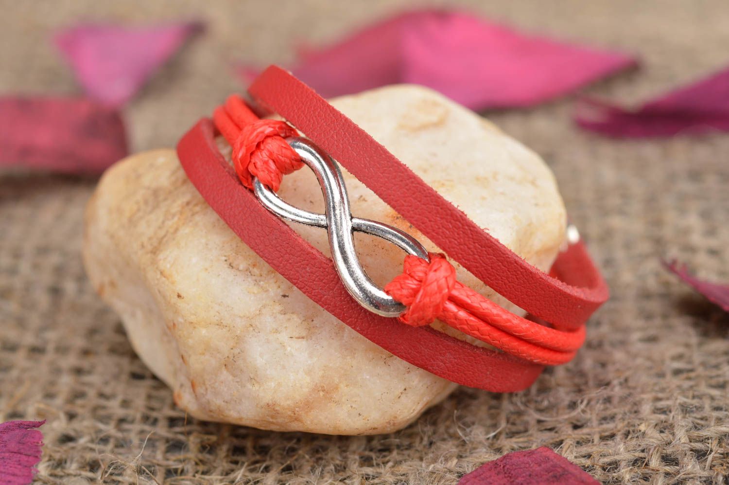 Handmade designer red genuine leather cord wrist bracelet with infinity sign photo 1