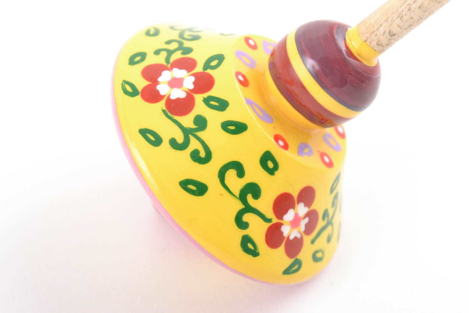 Toupie jaune en bois de hêtre écologique faite main à motif floral pour enfant photo 5