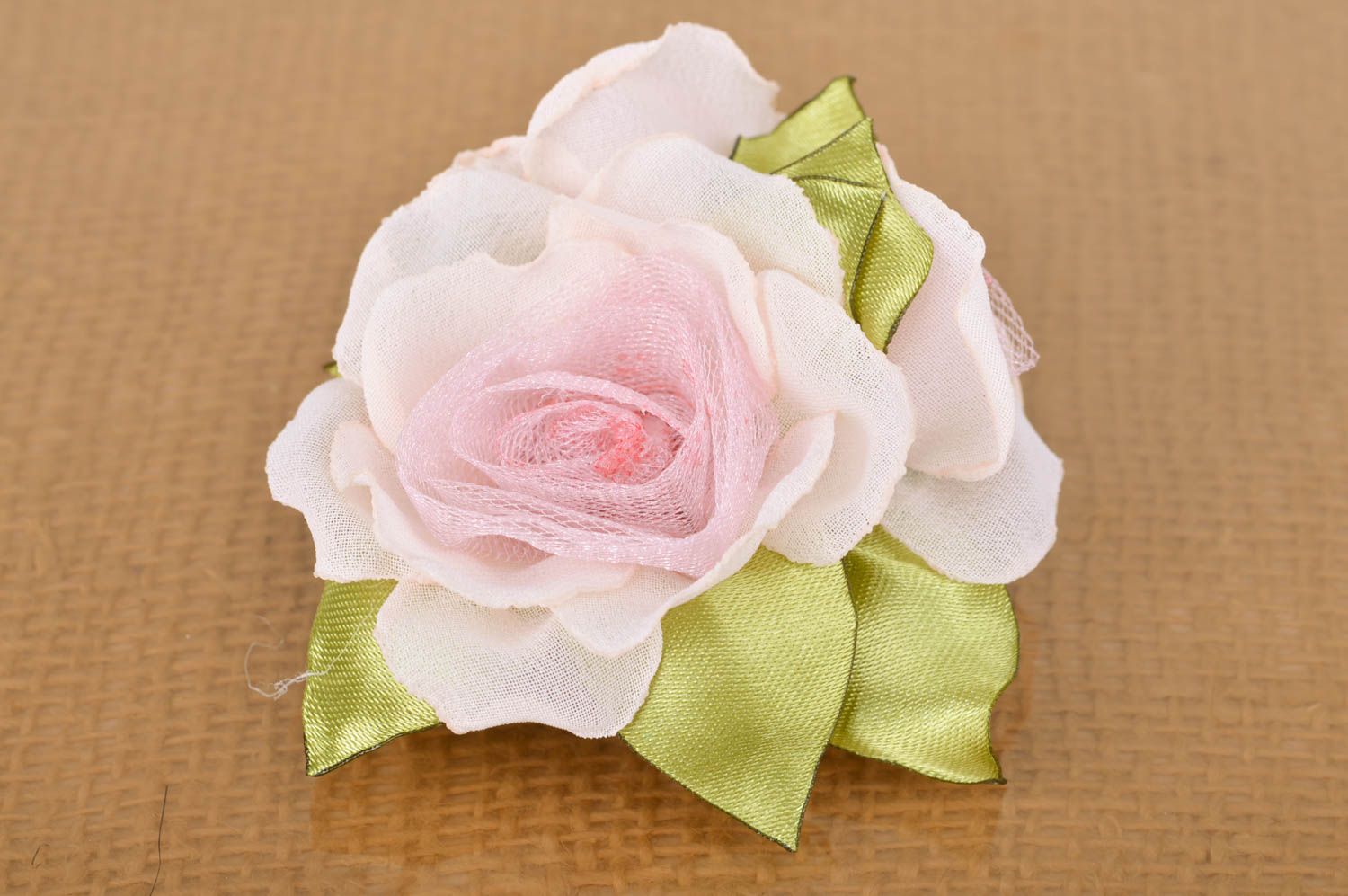 Handmade hair clip brooch with three pink flowers created of satin and tulle photo 2