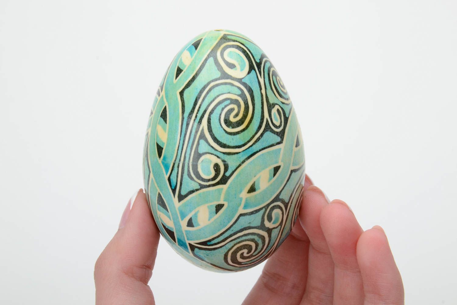 Handmade traditional painted decorative Easter goose egg of turquoise color photo 5