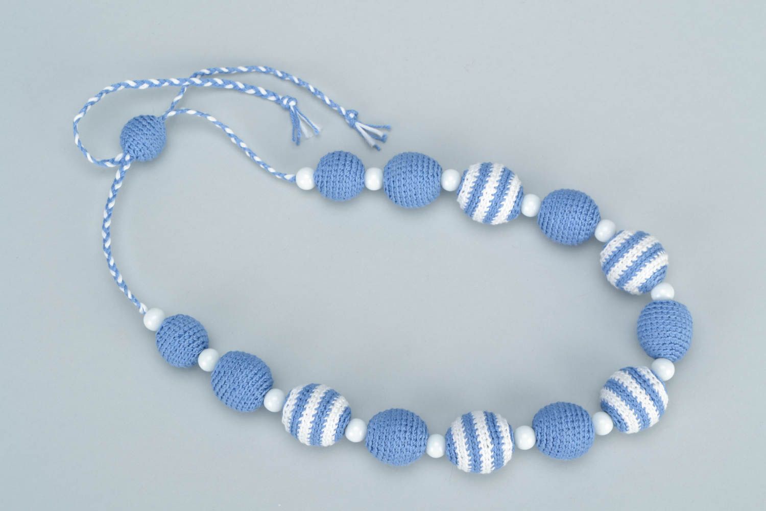 Blue handmade designer soft babywearing necklace crochet over with cotton threads photo 5