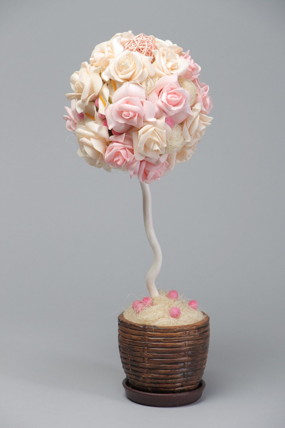 Handmade decorative foamiran topiary tree of pink color with sisal in wooden pot photo 2