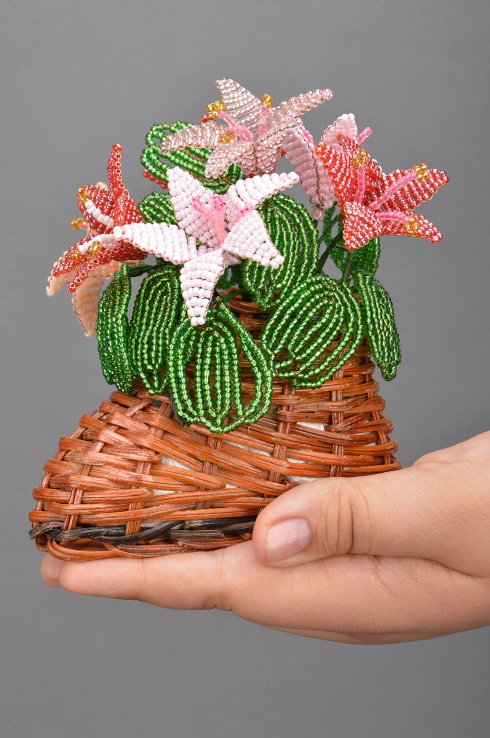 Cute straw ornamental flowerpot made of beads for home decor Boot with lilies photo 3