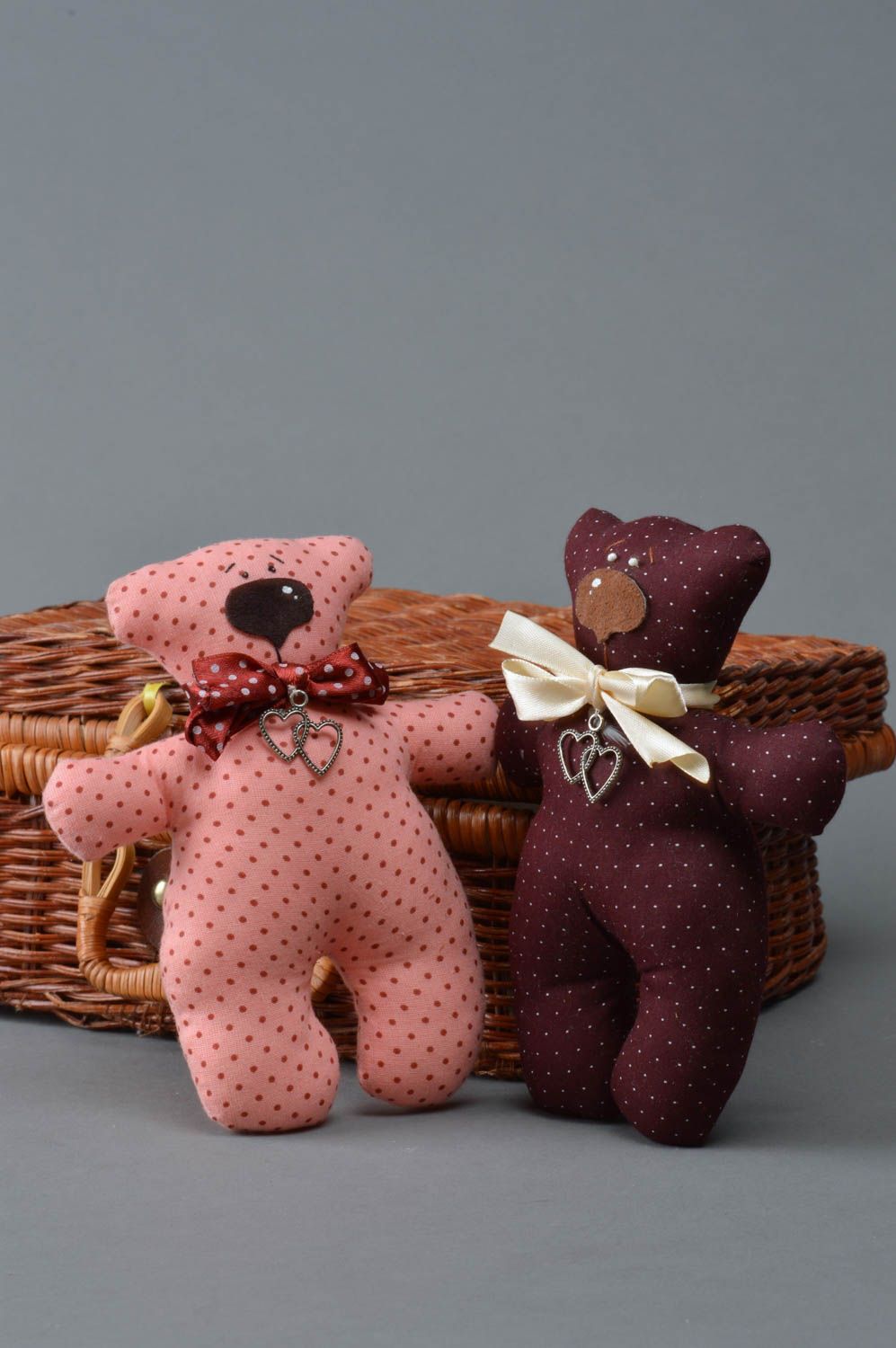 Set of 2 handmade small cotton soft toys violet and pink polka dot bears photo 4