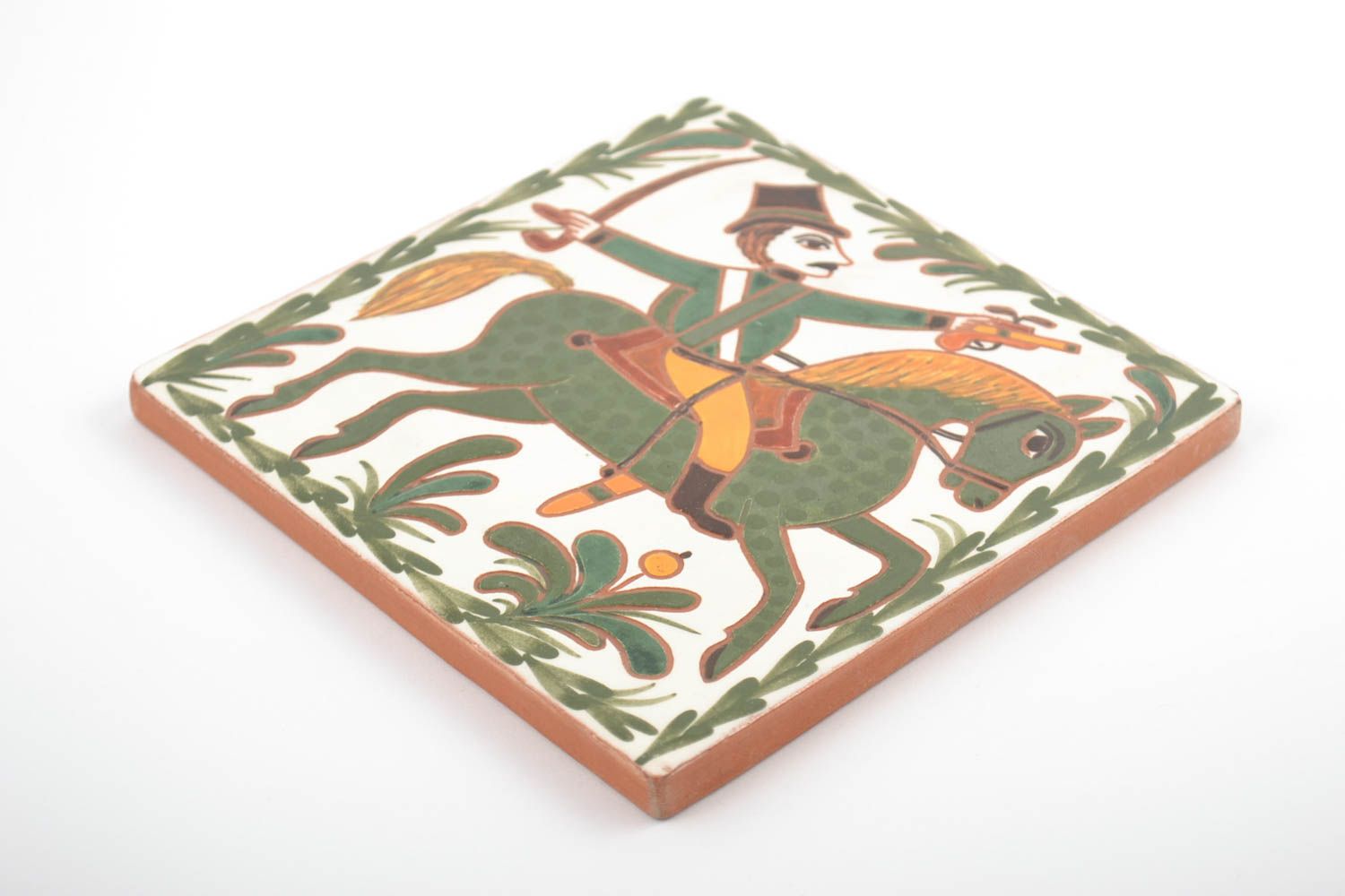 Handmade Keramik Wandplatte aus Ton dekorativ mit Bemalung schön quadratisch foto 4