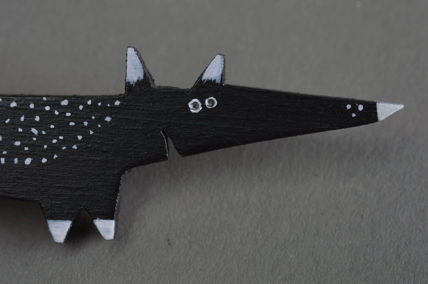 Funny small handmade desiger painted wooden brooch in the shape of black fox photo 2