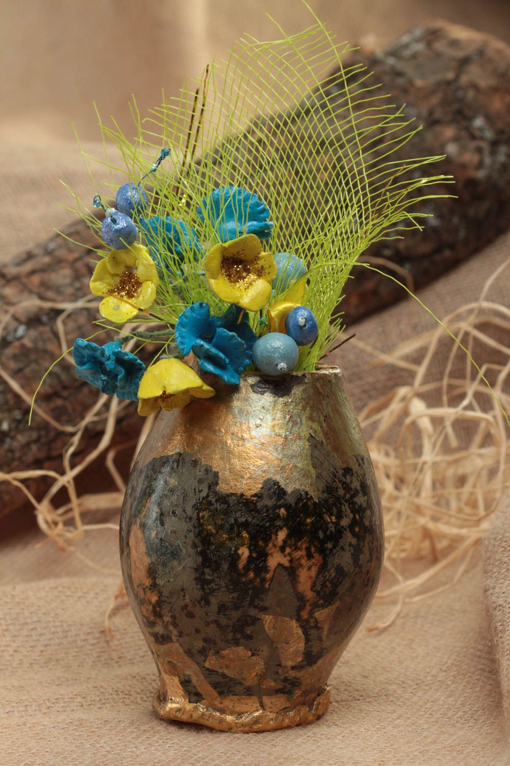 Originelle bemalte Vase aus Polymerton für Strohblumen Künstler Handarbeit foto 1