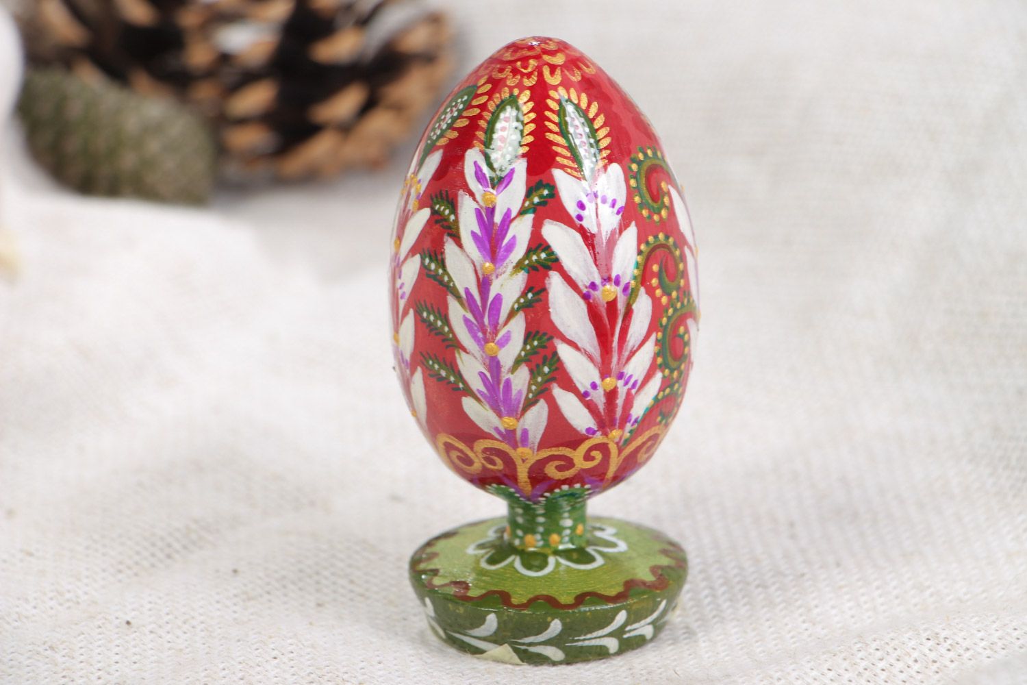 Bright painted handmade wooden Easter egg with holder for decor photo 1