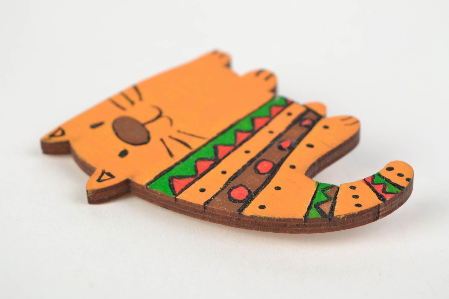 Nice small handmade children's wooden brooch in the shape of bright cat photo 3