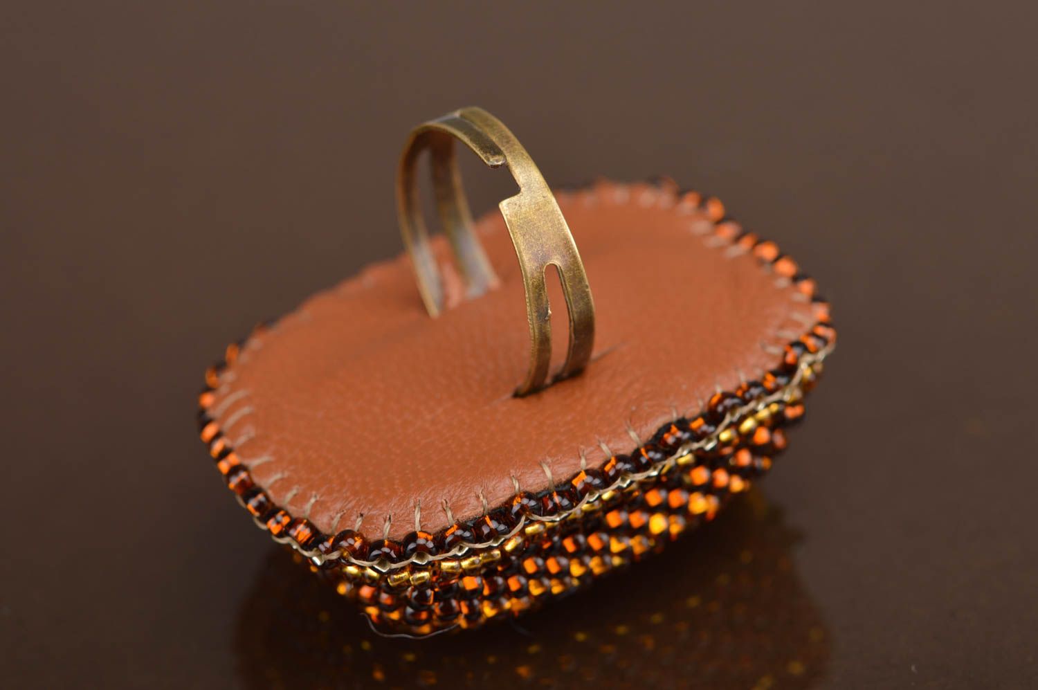 Handmade stylish unusual ring embroidered with beads with natural stone photo 4