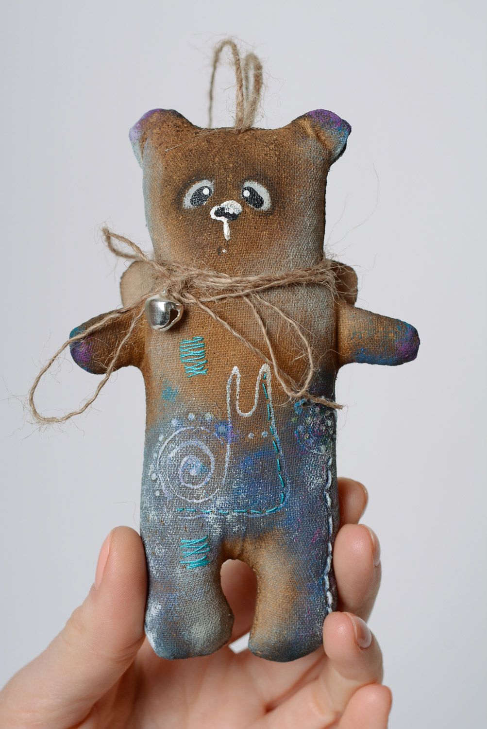 Handmade interior hanging soft toy sewn of cotton soaked with coffee bear photo 3