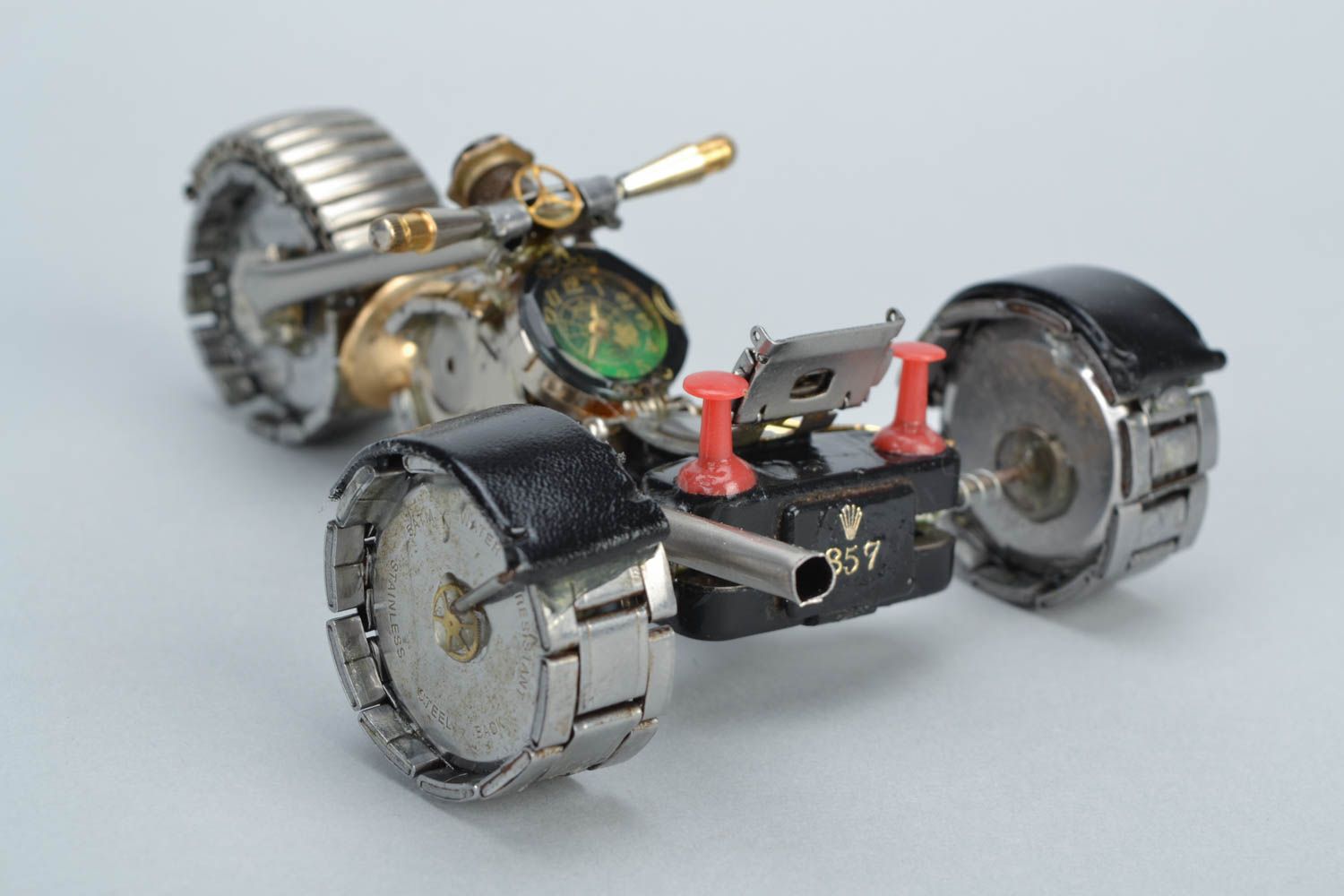 Handmade metal steampunk figurine of trike motorcycle with clock mechanisms photo 4