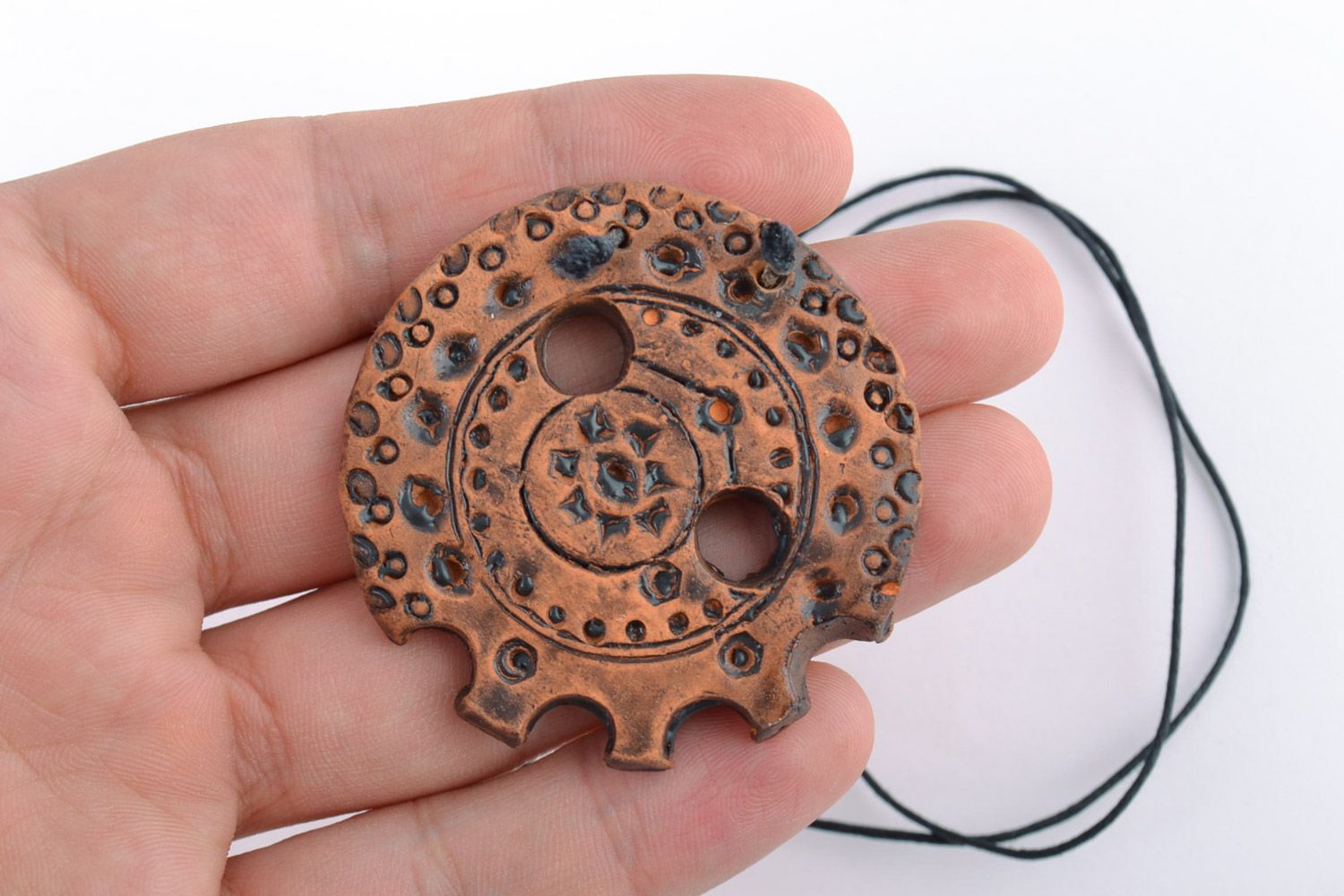 Handmade brown ceramic pendant in the shape of clock detail painted with acrylics photo 2