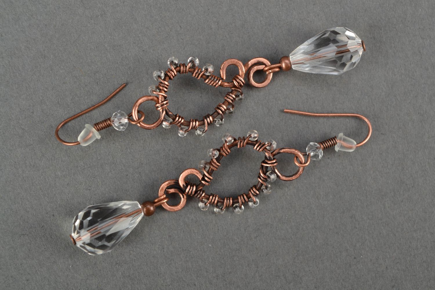 Long copper earrings with crystal made using wire wrap technique photo 3