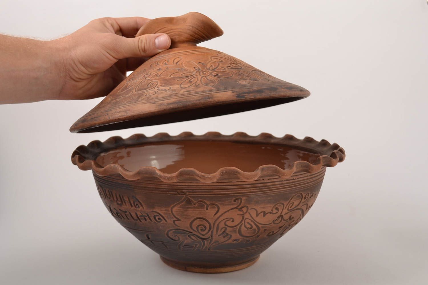 Handgemachte Schüssel mit Deckel Schale aus Ton handgemachte Keramik für Kochen foto 4