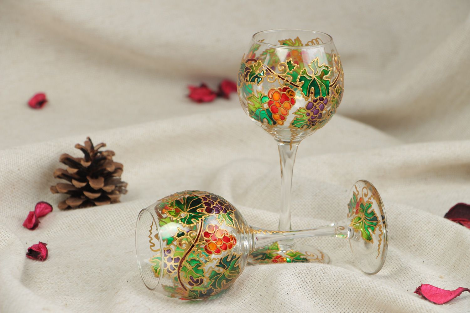 Set of designer wine glasses decorated with handmade stained glass painting 2 items photo 5
