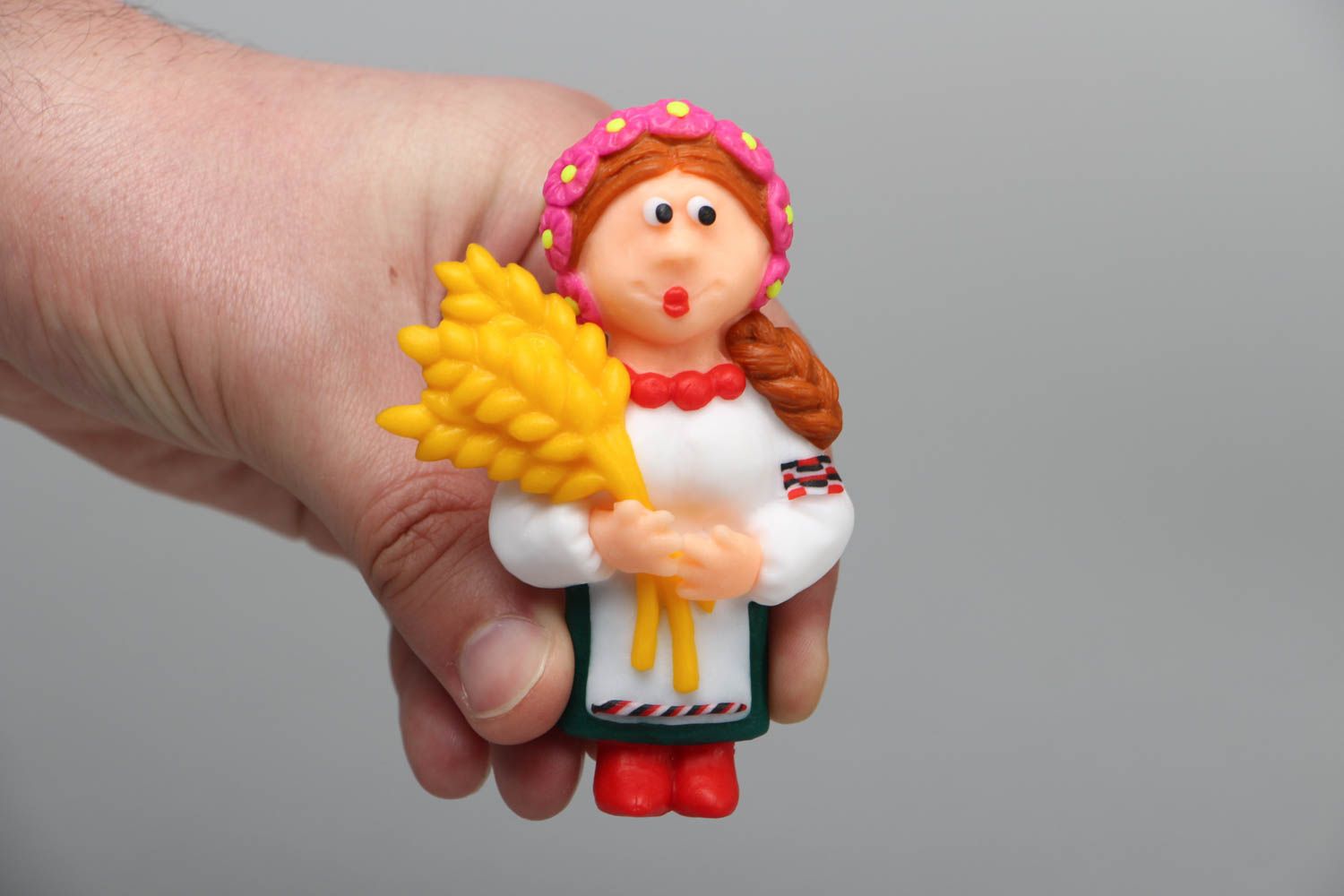 Unusual polymer clay fridge magnet Ukrainian Girl with Wheat photo 4