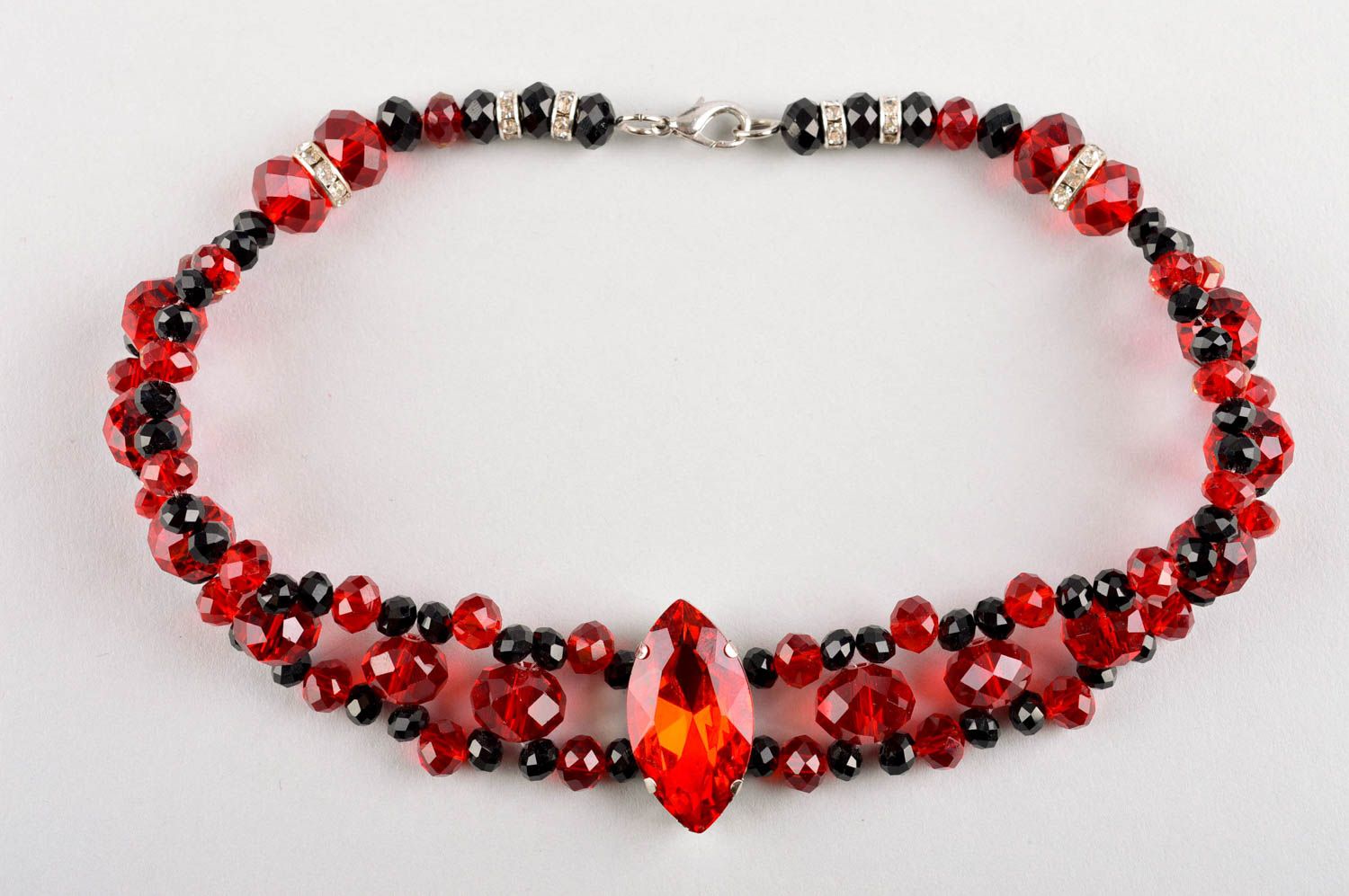 Handmade red beaded collar with stone designer crystals necklace unique present photo 2