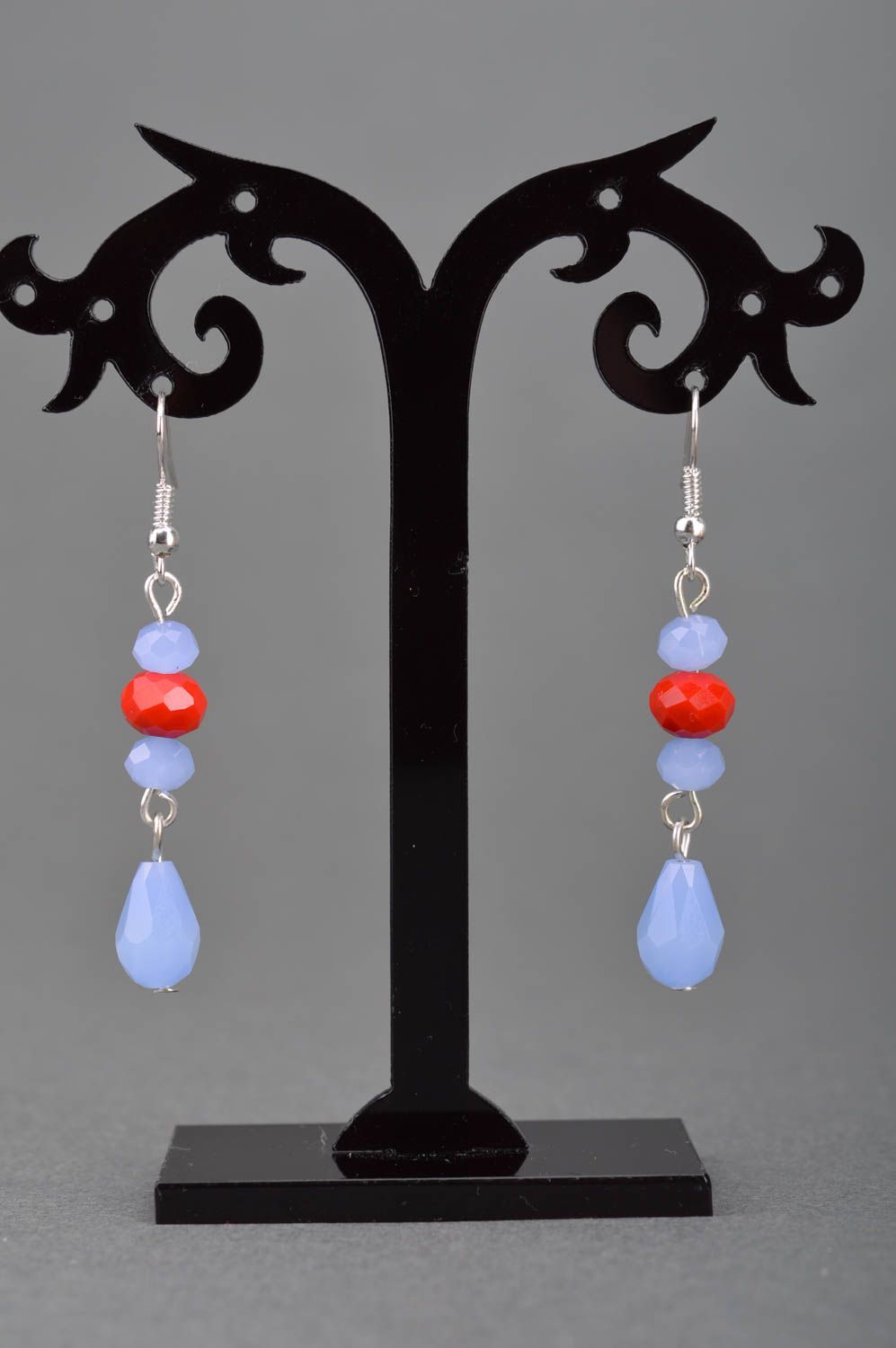Handmade long dangle earrings with red and blue beads and crystals for women photo 3