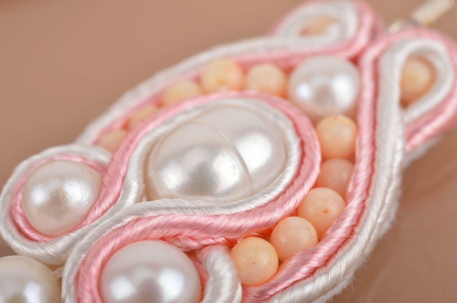 Unusual beautiful gentle handmade designer fabric soutache earrings with beads photo 4