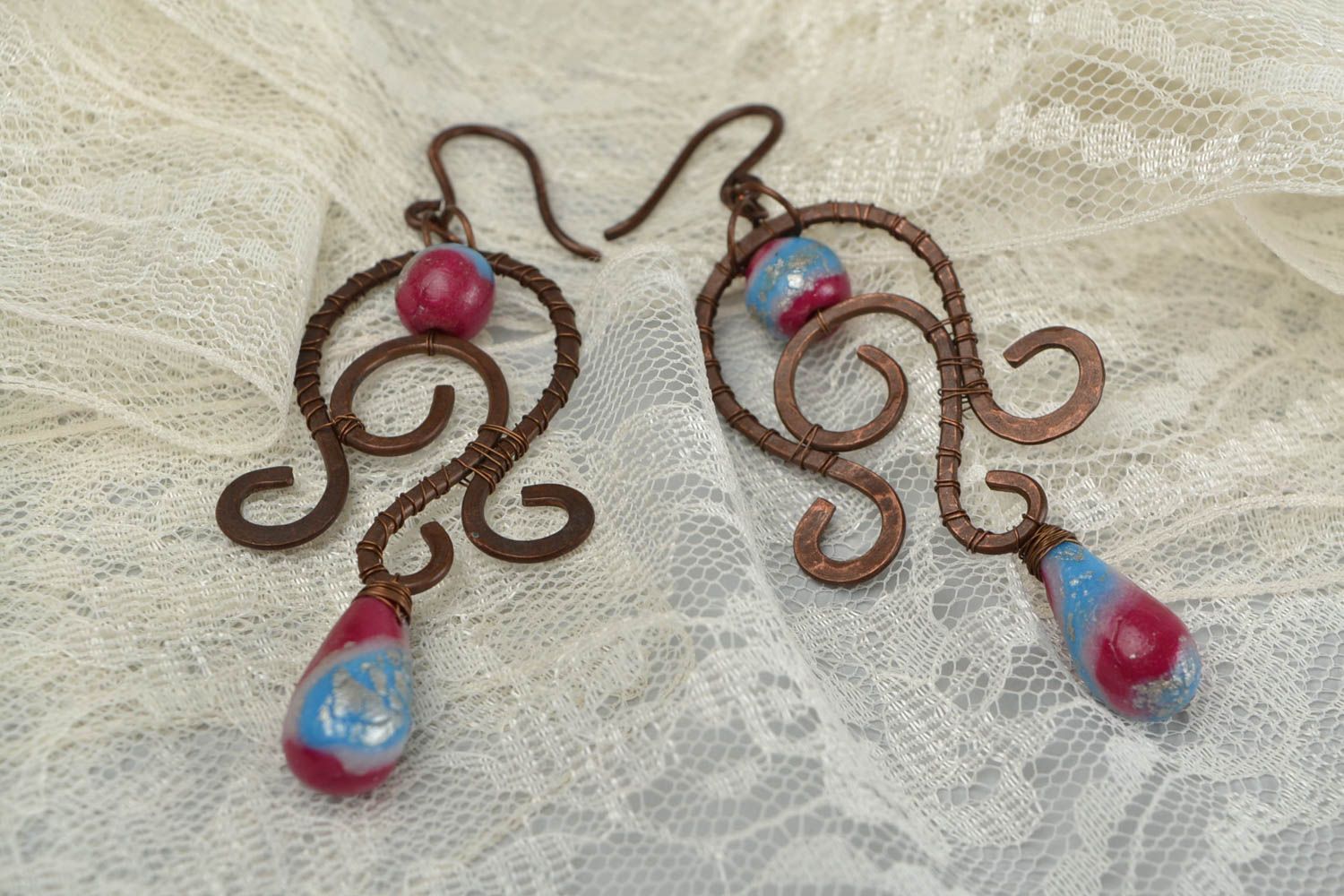 Unusual handmade wire wrap copper earrings with polymer clay beads photo 1