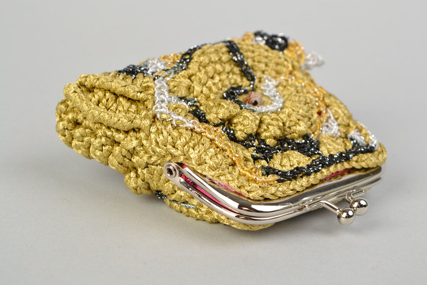 Porte-monnaie à clip tricoté en acrylique au crochet doré noir fait main femme photo 5