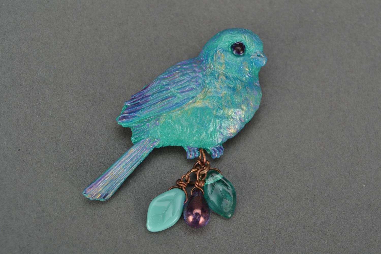 Handmade brooch made of polymer clay with beads beautiful unusual accessory Bird photo 2