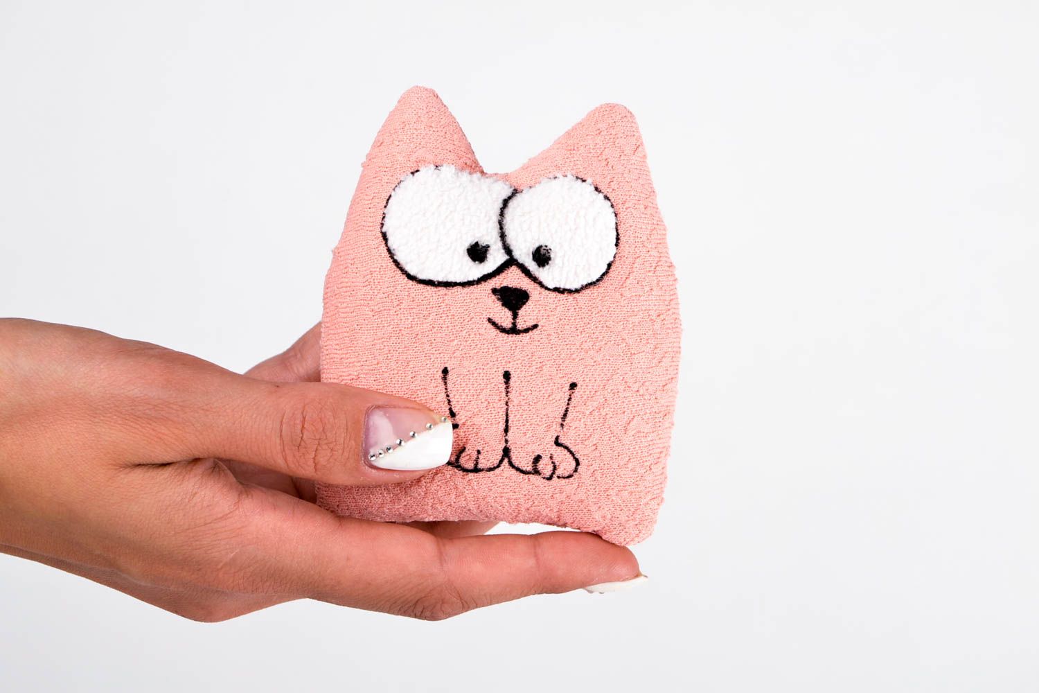 Peluche chat rose pastel Jouet fait main petit en tissus Cadeau pour enfant photo 2