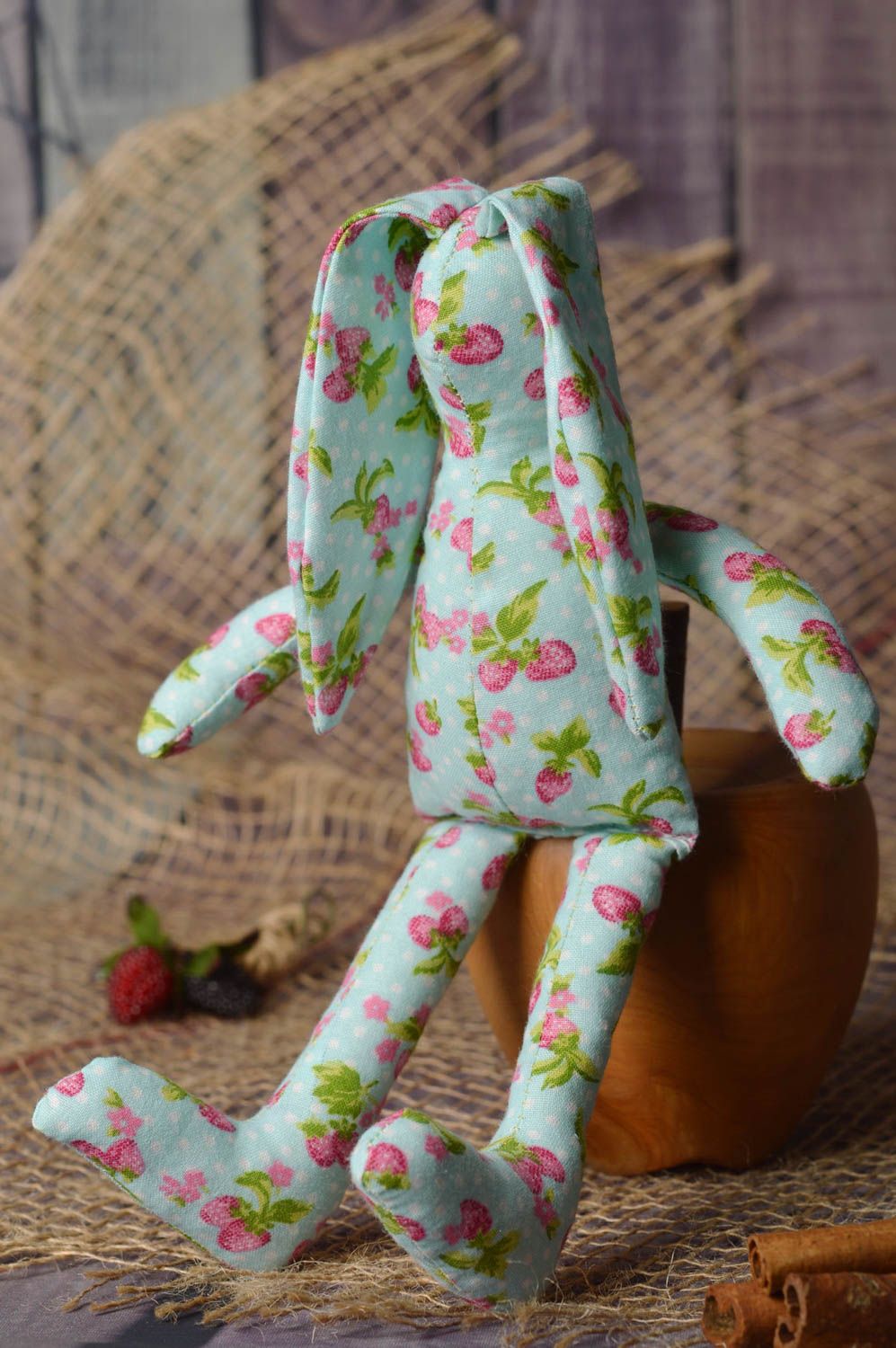 Jouet lapin bleu à motifs Peluche faite main en coton naturel Cadeau enfant photo 1
