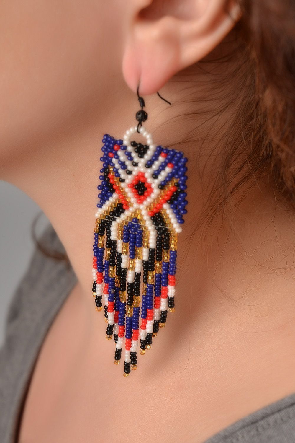 Large beaded earrings with fringe in red and blue colors with ornament photo 2