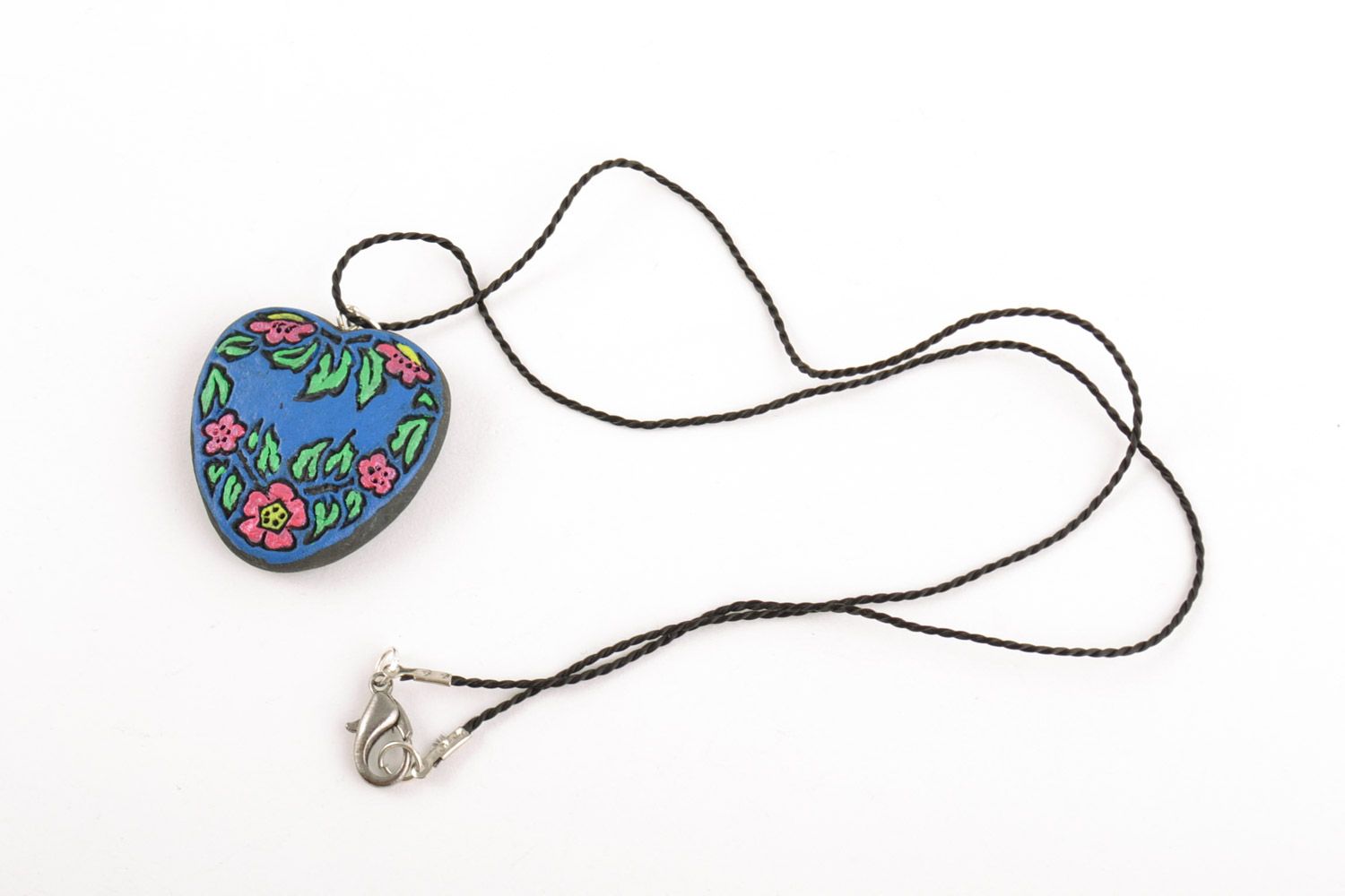 Heart shaped blue handmade painted clay neck pendant with black cord photo 4