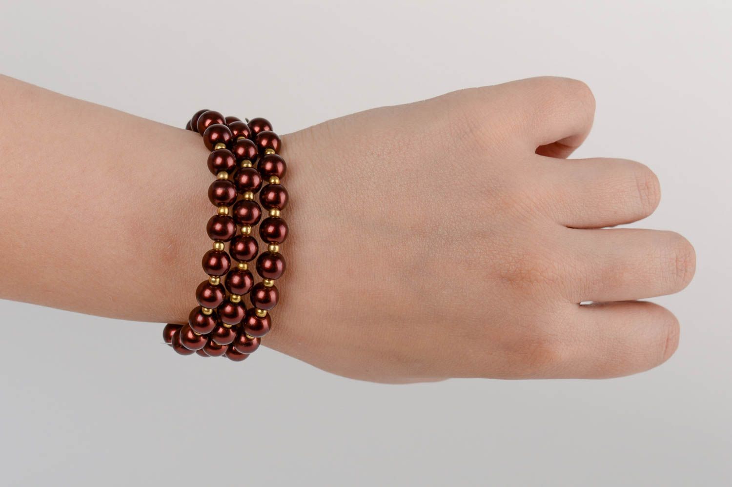 Handmade three row designer wrist bracelet with brown ceramic pearls for women photo 5