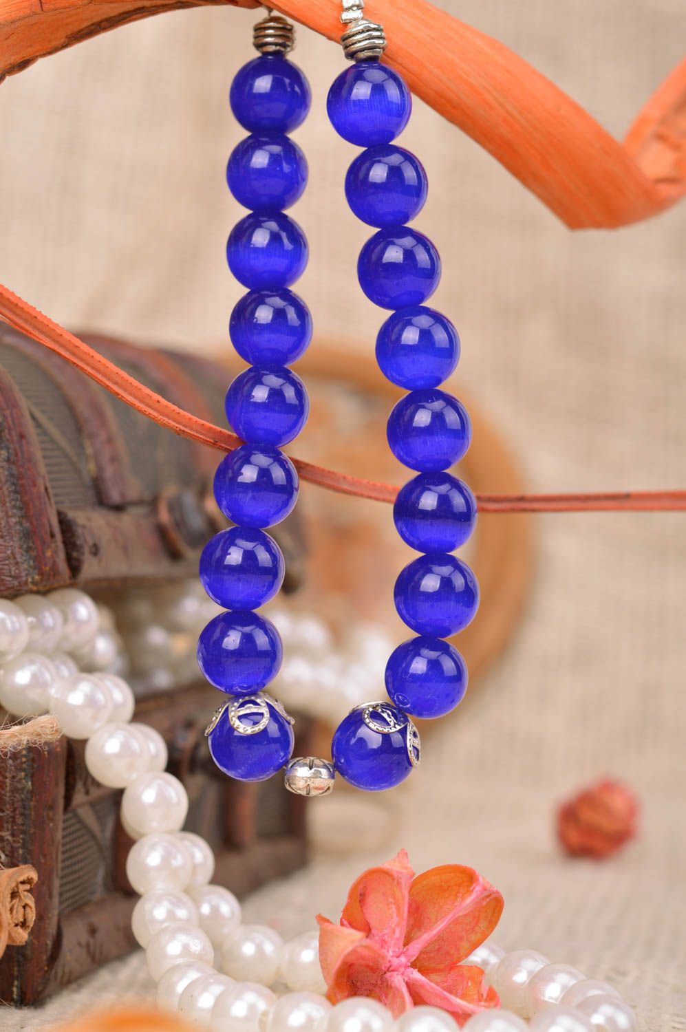 Handmade glass bead wrist bracelet of blue color for women designer laconic photo 1
