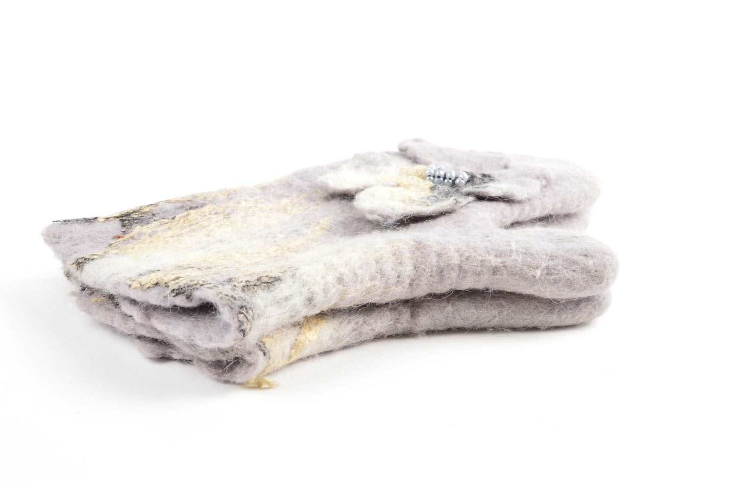 Moufles hiver Gants fait main gris laine feutrée Vêtement hiver fleurs design photo 4