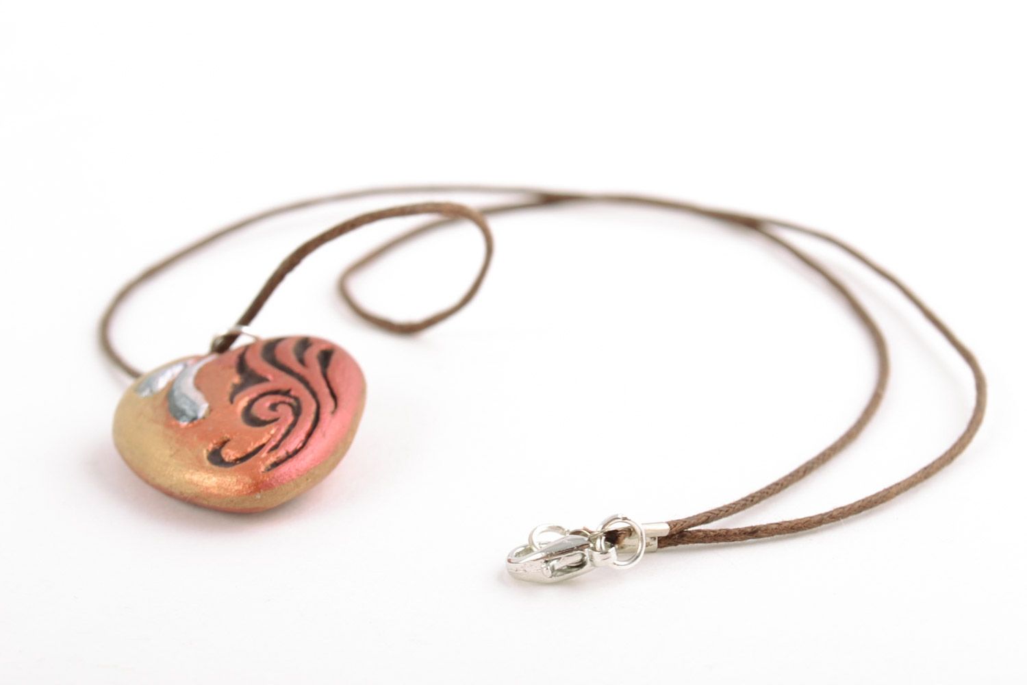 Heart shaped handmade clay pendant painted with acrylics photo 3